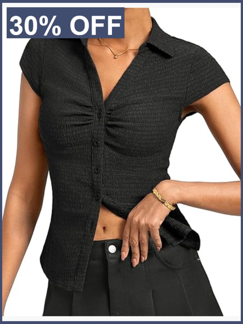 Women's Textured Button-Down Blouse, Slim Fit V-Neck Cap Sleeve Y2K Top